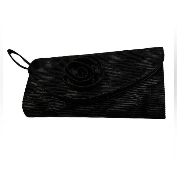 Vintage style satin pleated flower detail black evening clutch bag. - Picture 1 of 15